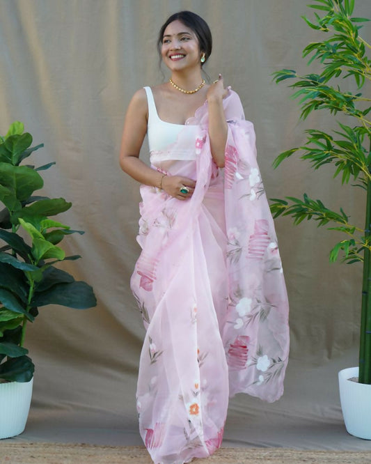 Vamsee Menka Baby Pink Organza Saree - Swadesiicart