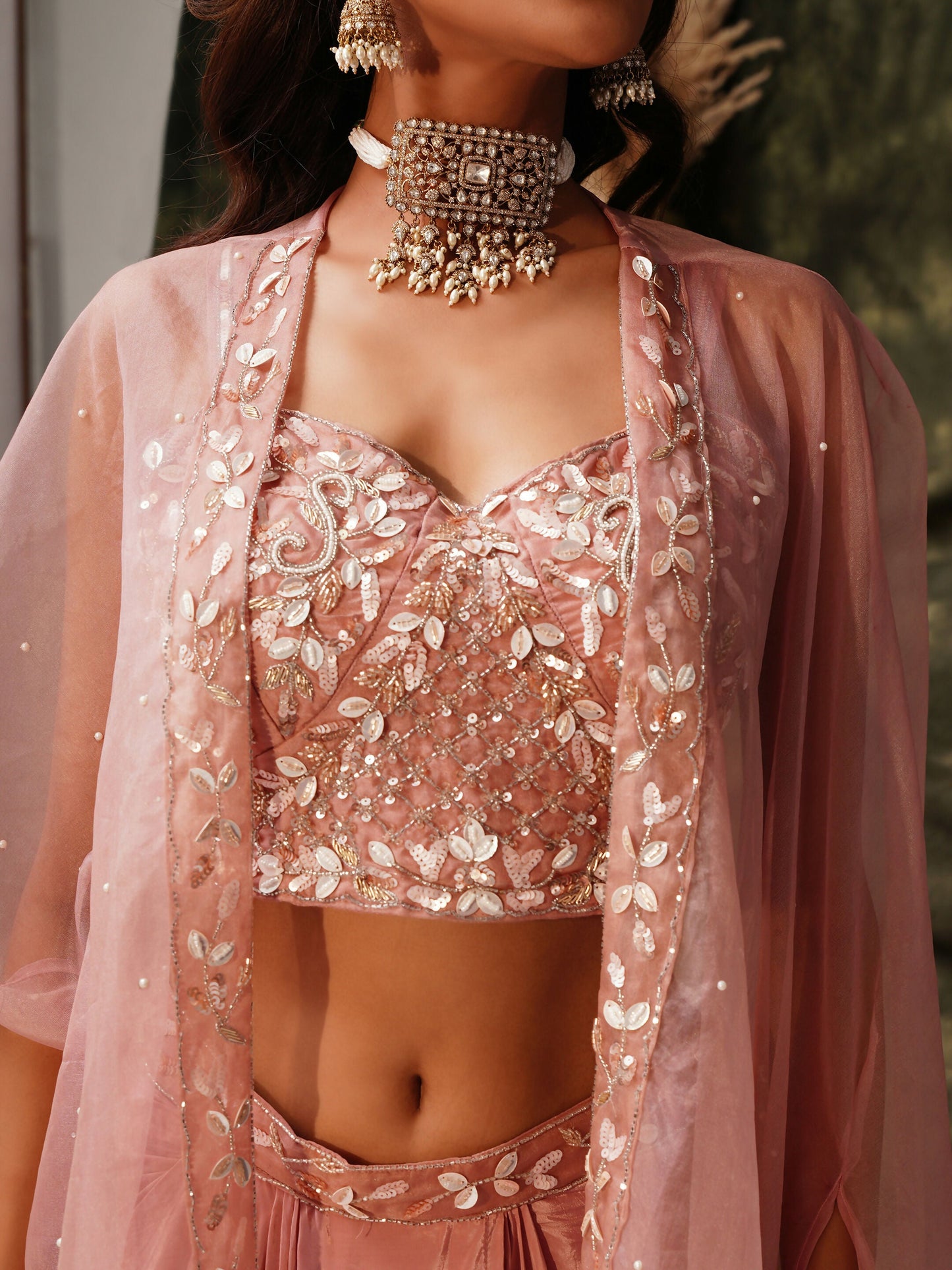 Peach Pure Crepe Handwork Top with Skirt & Shrug - Naomika - Swadesiicart