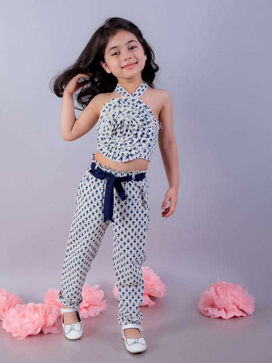 Lil Drama Jaipur Girls White Printed Top with Printed Pant Co-ordinate Set - Swadesiicart