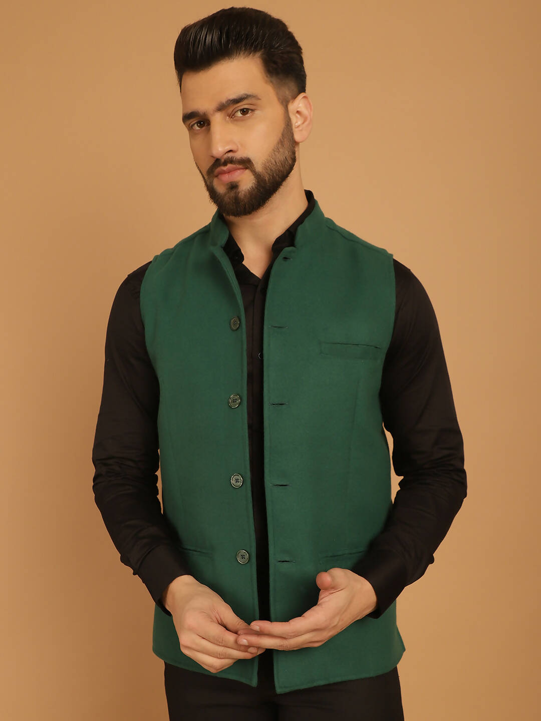 Even Apparels Pure Wool Nehru Jacket - Green | Swadesiicart