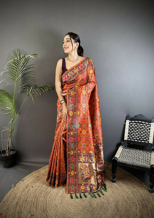 Joban Fashion Orange Banarasi Soft Silk Woven Saree | Swadesiicart