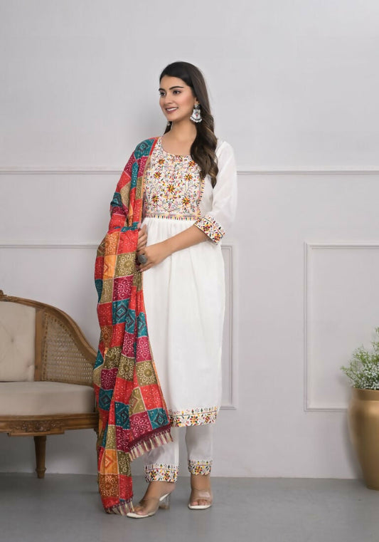 White Viscose Silk Embroidery with Thread and sequence Stitched Suit With Dupatta - Tanisha | Swadesiicart