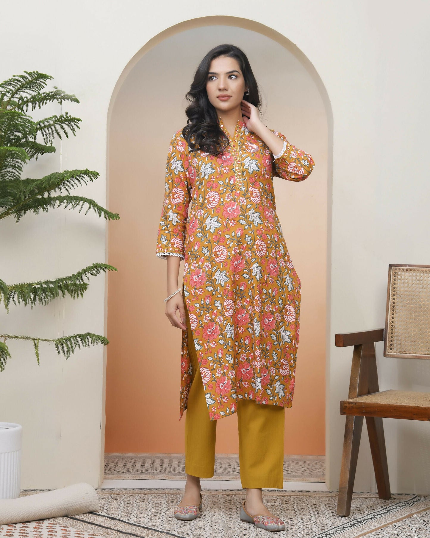 Vaasva Women Mustard Cotton Printed Straight Kurti With Pant | Swadesiicart