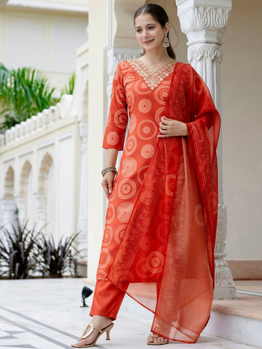 The52 Orange Women's Gorgeous Rayon Embroidered Straight Kurta with Pant And Dupatta Set - Swadesiicart
