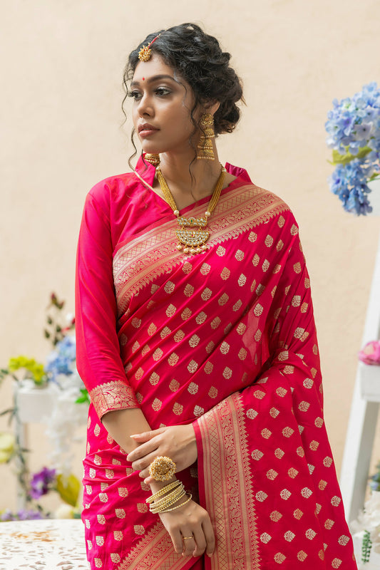 Vishnu Weaves Women's Pink Banarasi Silk Zari Woven Saree with Unstitched Blouse - Swadesiicart