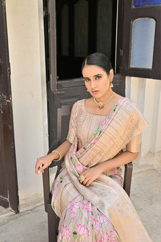 Vishnu Weaves Women's Chiku Banarasi Silk Saree with Blouse - Swadesiicart