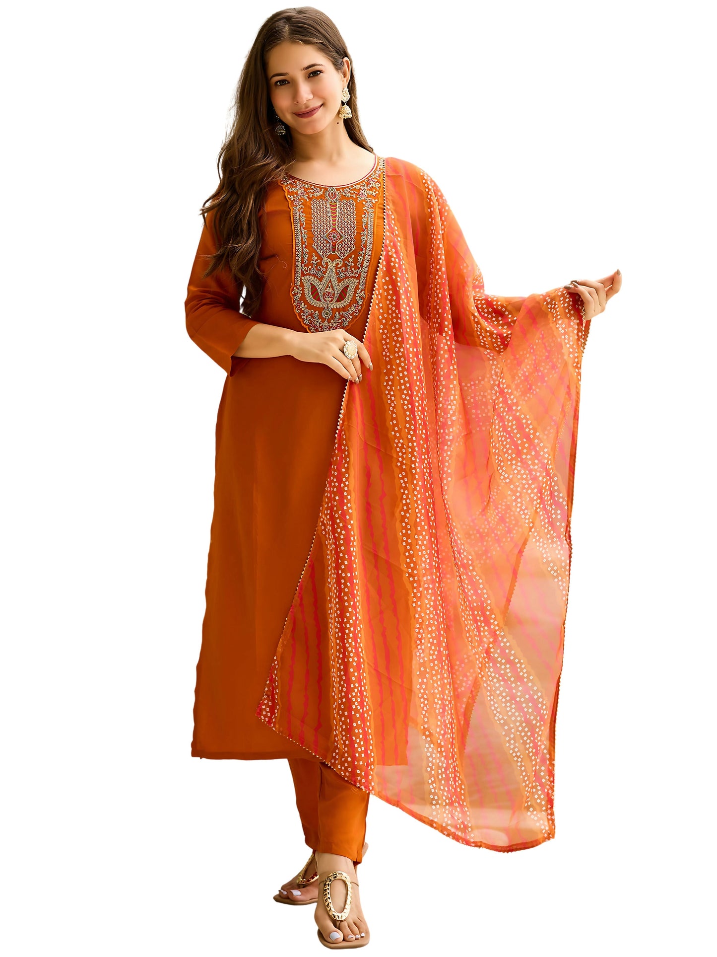 The52 Rust Women's Gorgeous Embroidered work Rayon Fabric Straight Kurta, Pant and Dupatta Set - Swadesiicart