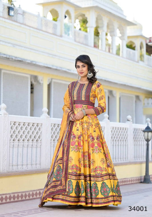 Partywear Designer Yellow Dola Silk Anarkali suit with Dupatta - Suzen - Swadesiicart