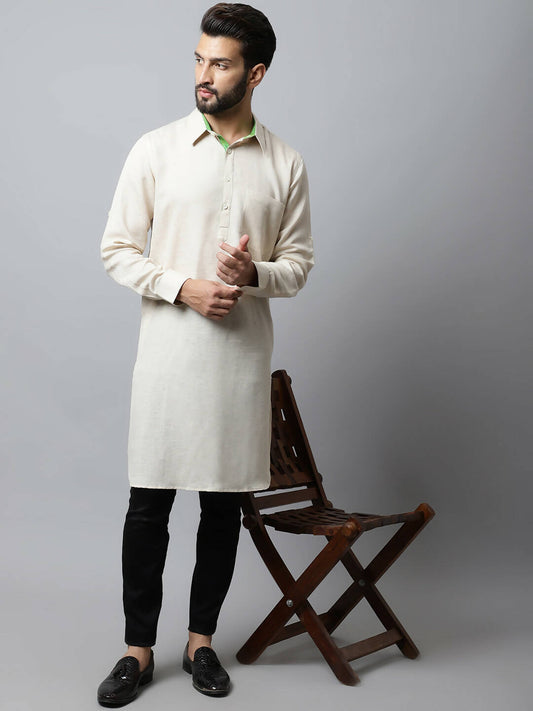 Even Apparels Cream Color Cotton Solid Men's Kurta With Shirt Collar (LN027) | Swadesiicart