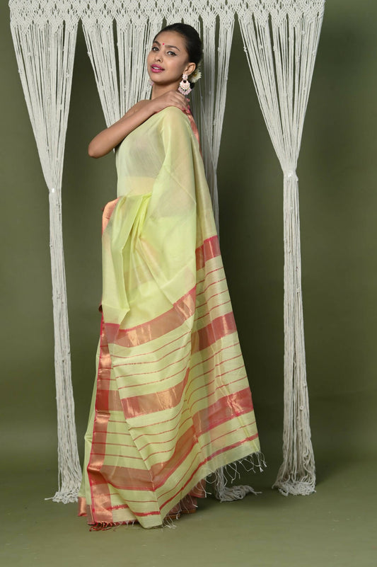 Very Much Indian Handloom Cotton Silk Maheshwari Saree With Sleek Golden Border - Chartreuse Green | Swadesiicart