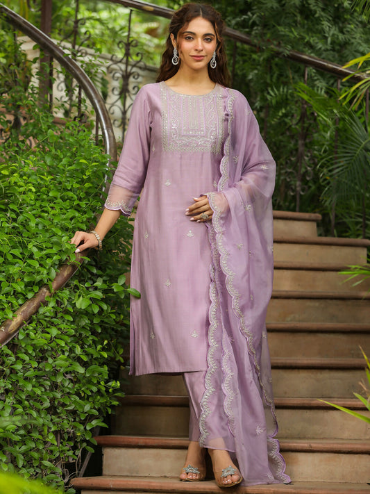 Janasya Lavender Silk Blend Solid Kurta,Bottom & Dupatta | Swadesiicart