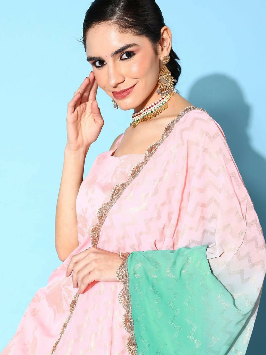 Ahalyaa Women's Baby Pink Crepe Gold Smoke Printed Kurta Sharara Set With Dupatta | Swadesiicart