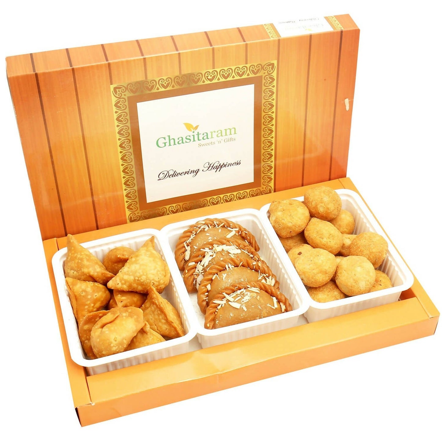 Ghasitaram Holi Hampers: Gujiya, Farsan Samosa and Farsan Kachori Hamper | Swadesiicart