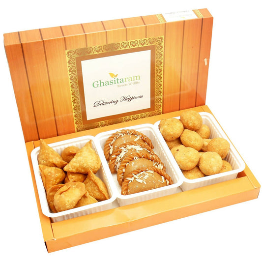 Ghasitaram Holi Hampers: Gujiya, Farsan Samosa and Farsan Kachori Hamper | Swadesiicart