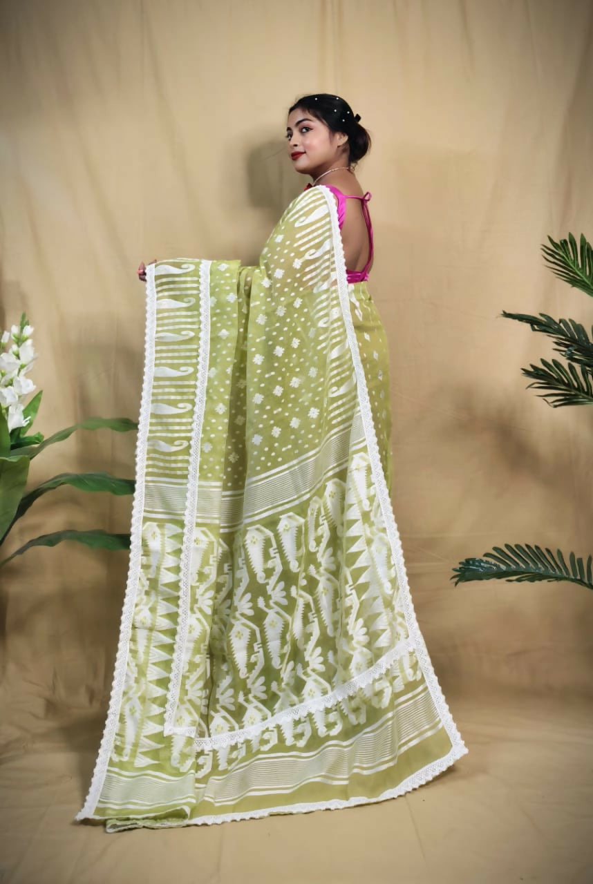 Exclusive Collection Beautiful Light Green Jaal Jamdani Saree - Swadesiicart