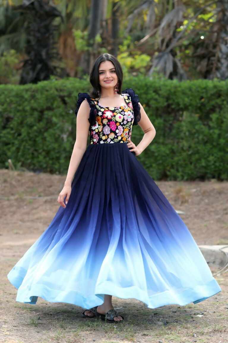 Jyoti Fashion Women's Blue Sequins Embroidery Faux Blooming Anarkali Dress | Swadesiicart