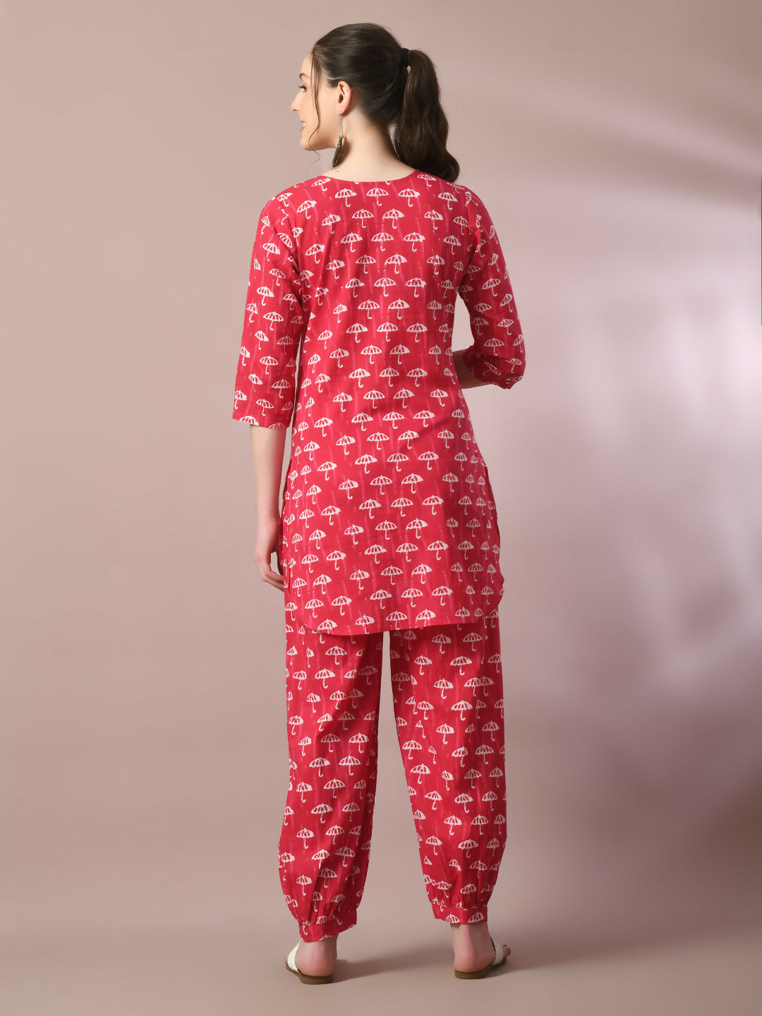 Myshka Women's Pink Printed Cotton Round Neck Party Tunic With Trousers Co-ord set - Swadesiicart