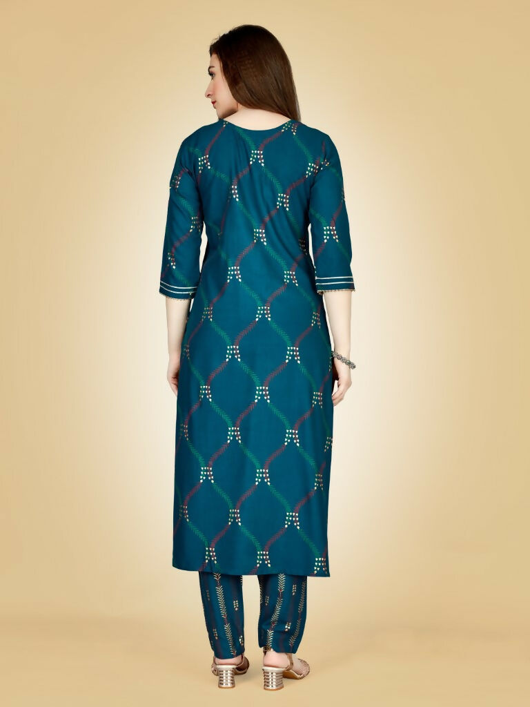 Jyoti Fashion Women's Teal Viscose Rayon Embroidered Kurta Pant Set | Swadesiicart