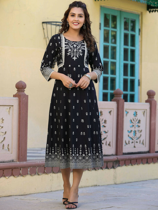 Juniper Women's Black Printed Anarkali Flared Dress | Swadesiicart