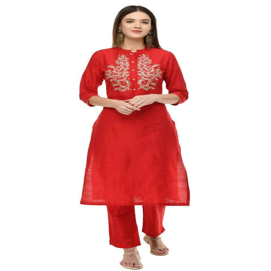 Lagi Women's Red Poly silk Straight Embroidred Kurta & Pant (RO116B) | Swadesiicart