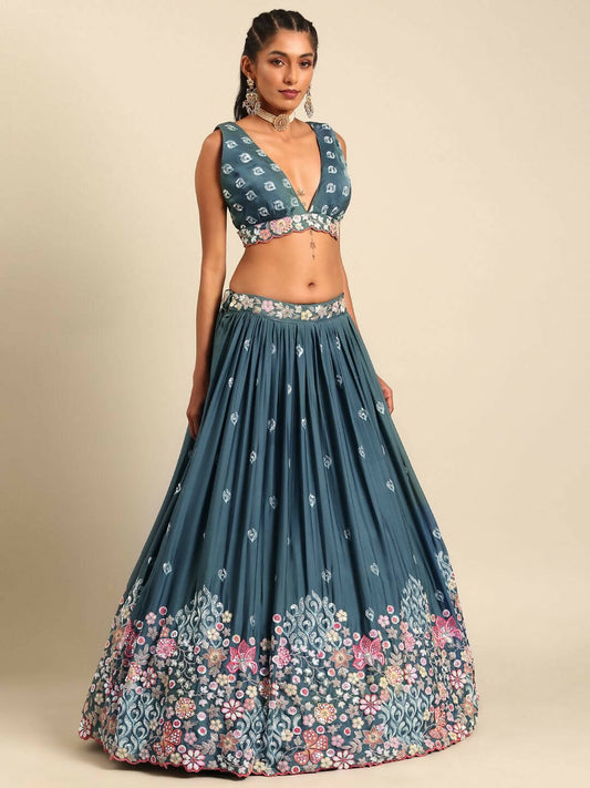 House of Panchhi Teal Blue Chinon Sequins embroidery Lehenga choli & Dupatta | Swadesiicart
