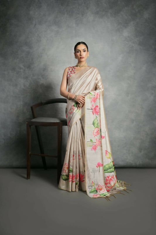Vishnu Weaves Women's Cream Soft Tussar Silk Printed Saree with Blouse - Swadesiicart