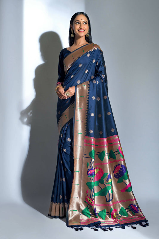 Vishnu Weaves Women's Blue Paithani Silk Zari Woven Saree with Unstitched Blouse - Swadesiicart