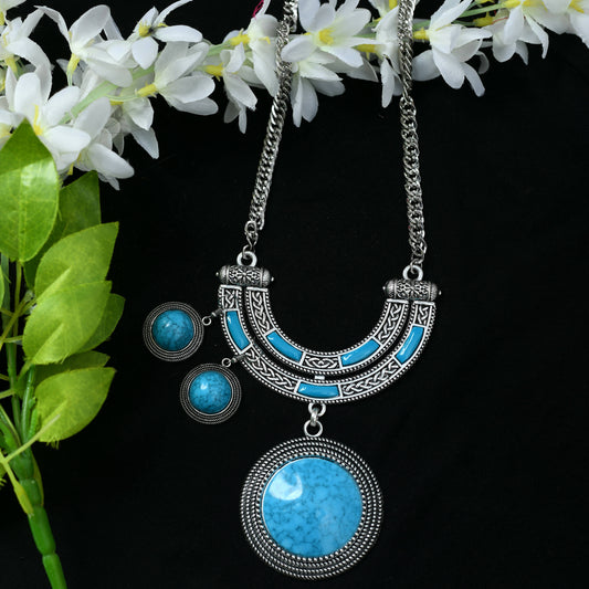 Mominos Fashion Johar Kamal Oxidised Silver-Plated Stone Work Long Necklace Handicraft Sky Blue | Swadesiicart