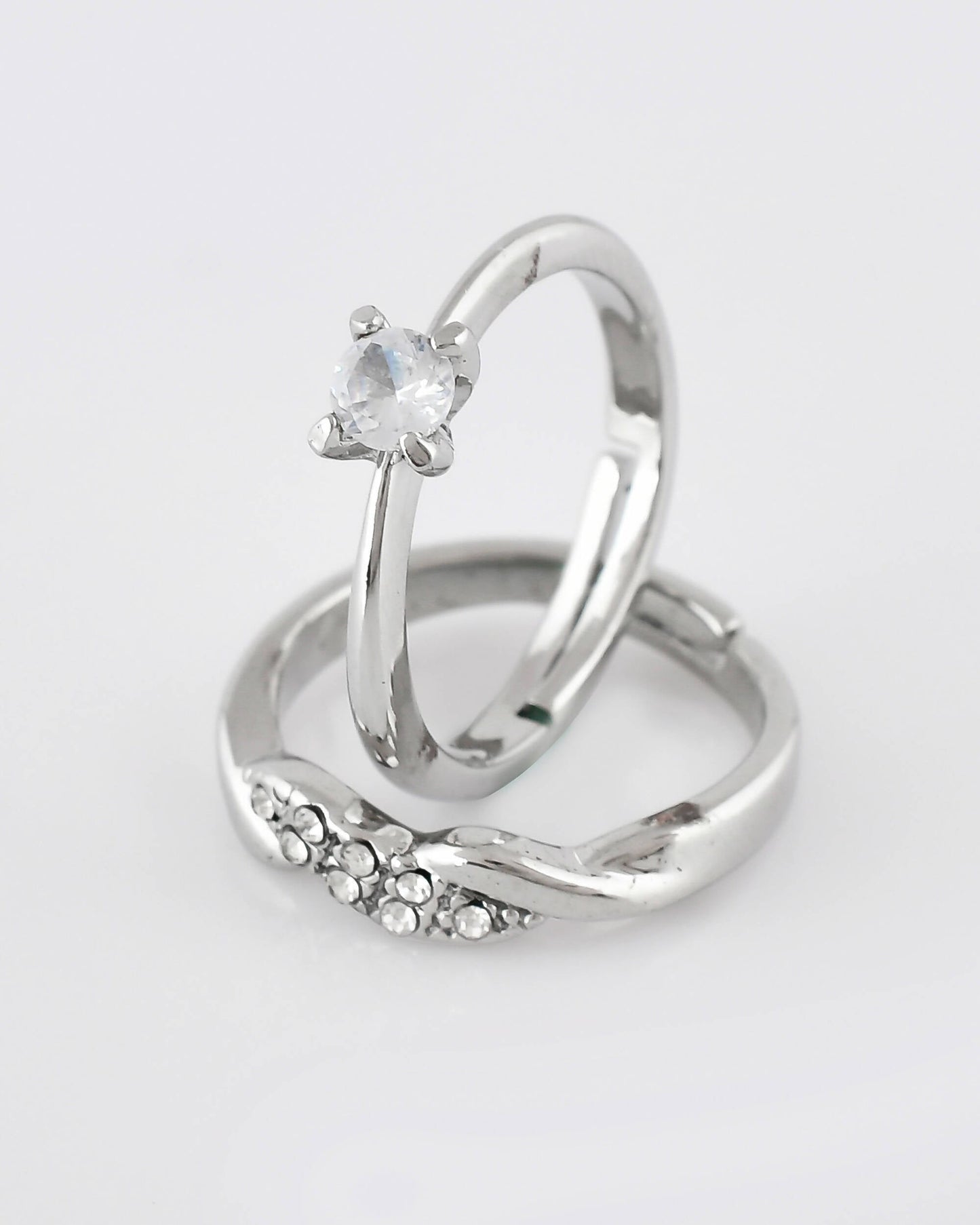 VOJ Stainless Steel Cubic Zirconia Silver Plated Adjustable Ring Set for Couple | Swadesiicart