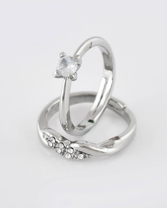 VOJ Stainless Steel Cubic Zirconia Silver Plated Adjustable Ring Set for Couple | Swadesiicart