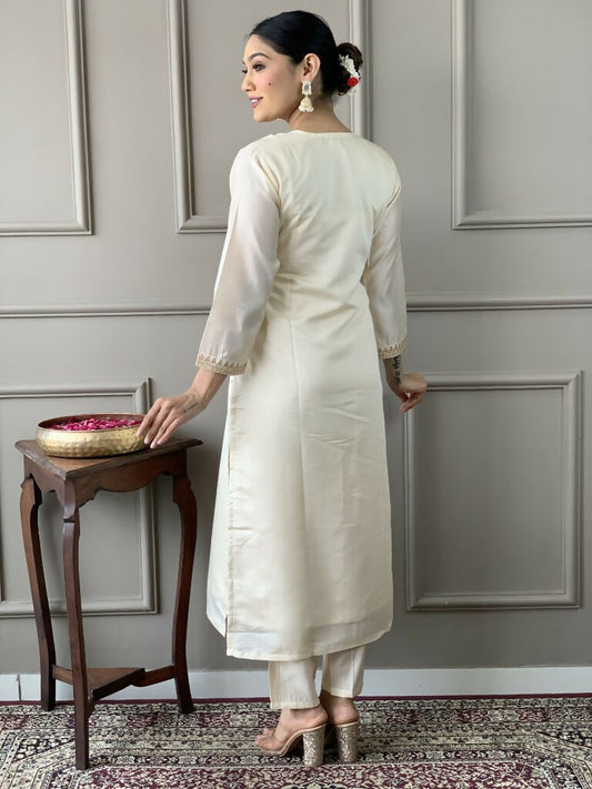 White Viscose Chanderi Stitched Suit With Dupatta - Tanisha | Swadesiicart