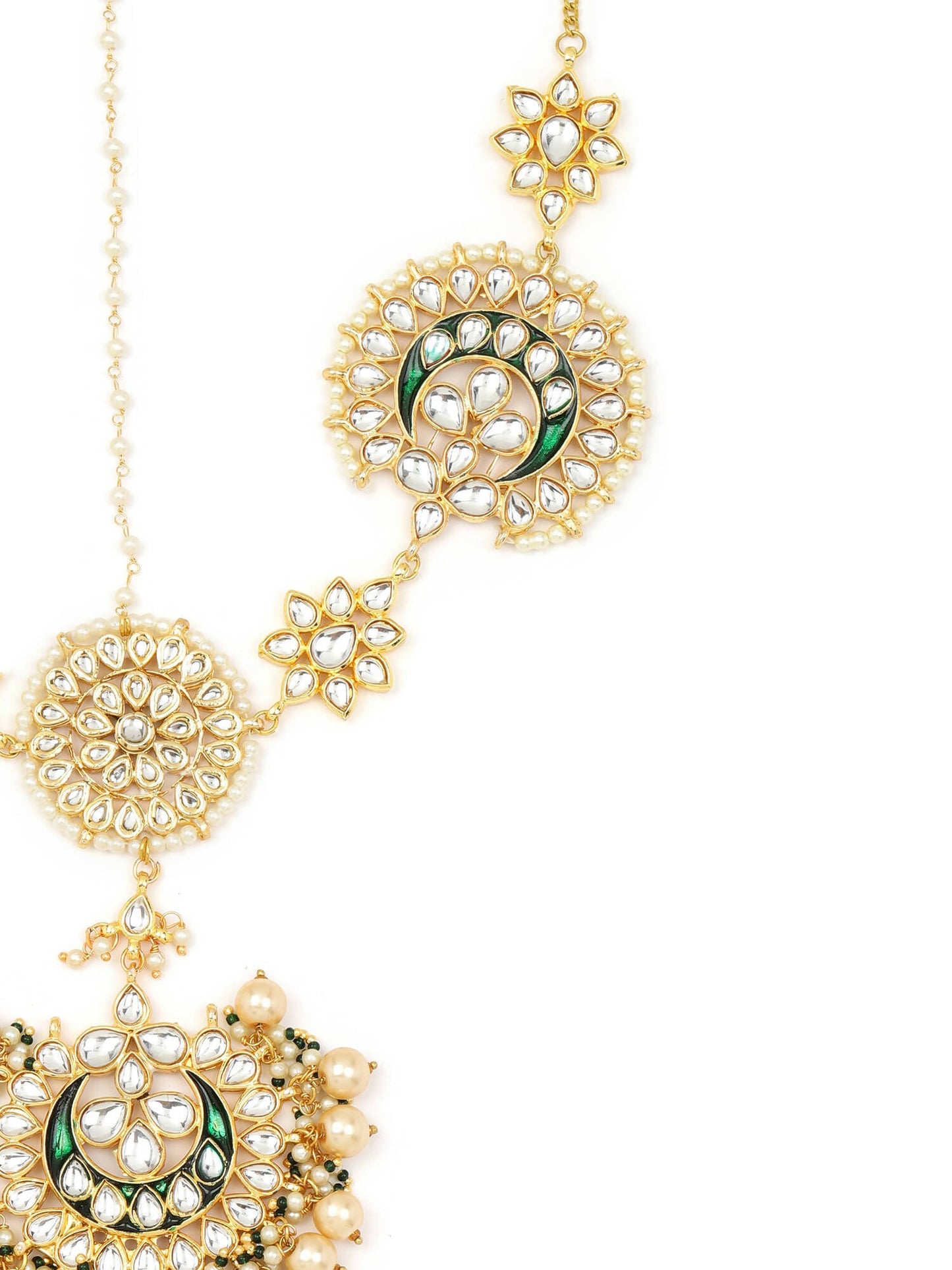 Gold-Polished White Kundan-Studded Pearl Beaded Matha Patti - Ruby Raang | Swadesiicart
