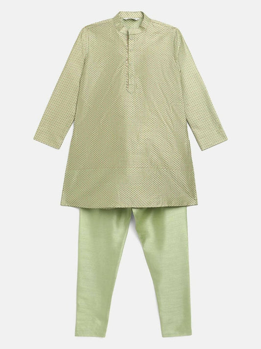 Ahalyaa Green Poly Silk Gold Print Kids Kurta Churidar Set For Boys