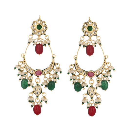 Nuyug 22K Gold Plated Crescent Kundan Drop Red Stone Chandbali Earrings | Swadesiicart