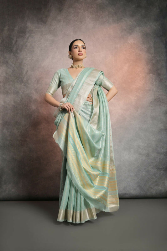 Vishnu Weaves Women's Sea-Green Tissue Linen Zari Woven Saree with Blouse - Swadesiicart