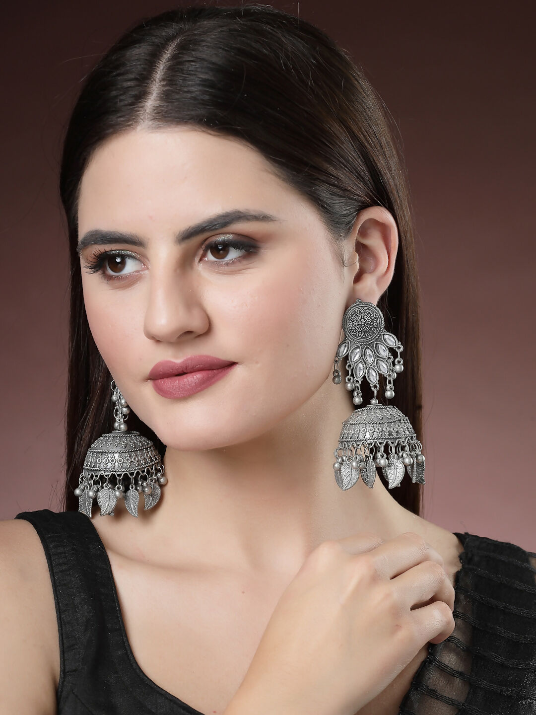 NVR Women's Silver-Plated Oxidised Artificial Stones Dome Shaped Jhumka Earrings | Swadesiicart