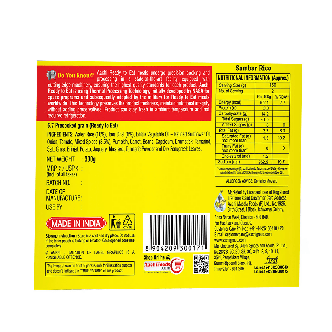 Aachi Instant Sambar Rice - Swadesiicart