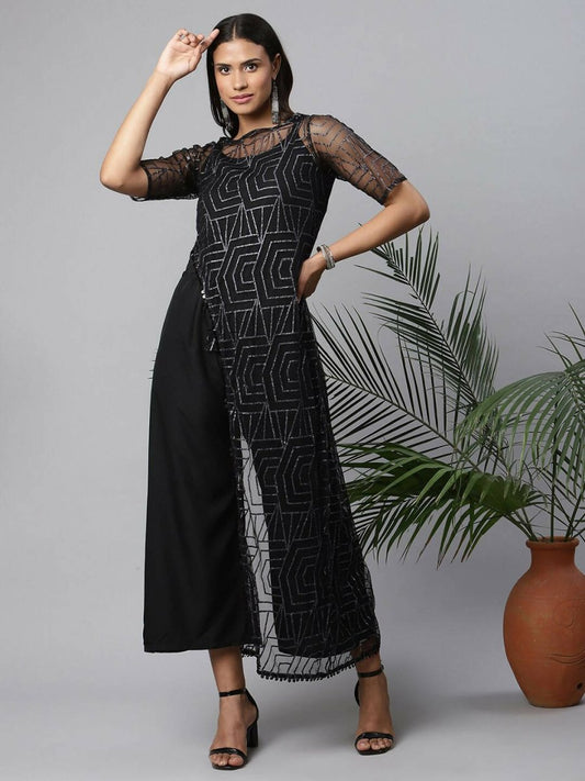 Ahalyaa Womens Black Crepe & Net Glitter Print Jumpsuit - Swadesiicart