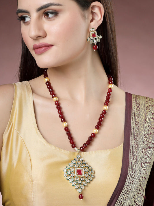 NVR Women's Red Kundan-Studded & Beaded Handcrafted Jewellery Set - NR Retail-NVR
