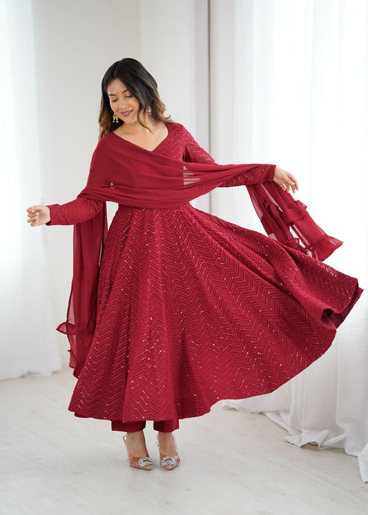 Joban Fashion Maroon Kurta Set Georgette Sequence Embroidery Work