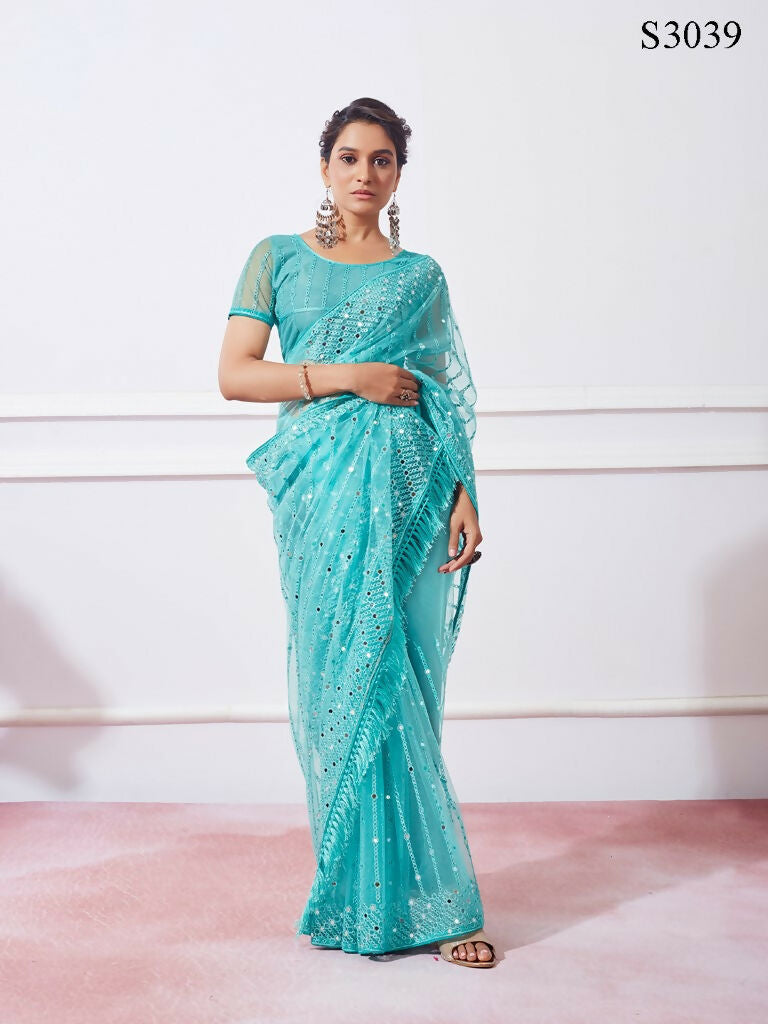 Blue Net Designer Thread Embroidery Work Saree with Unstitched Blouse - Vandini