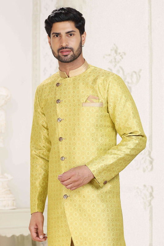 Raivat Ethnic Banarasi Jacquard Embroidery Semi Indo Western Sherwani In Lemon Yellow Colour | Swadesiicart