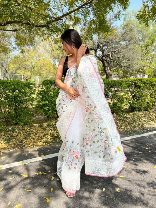 Vamsee Foolwarii White Organza Saree - Swadesiicart