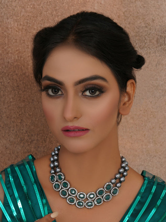 Green Stone Kundan Neckpiece with Grey Stones (Grey) - Ruby Raang | Swadesiicart