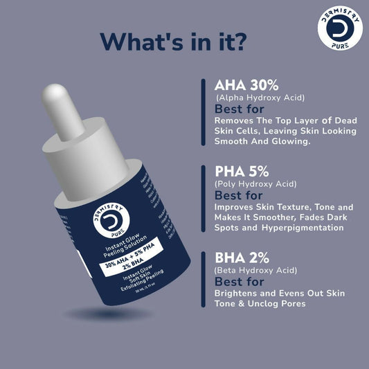 Dermistry Pure 30% AHA 5% PHA 2% BHA Peeling Exfoliating Solution Instant Bright Glow Fairness Serum - Swadesiicart