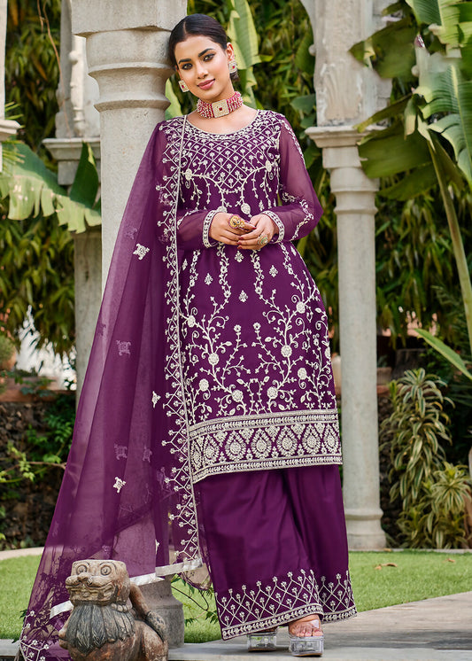 Violet Purple Stone & Cording Work Festive Palazzo Suit - Emponline | Swadesiicart