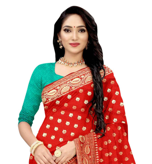 Vamika Red Weaving Banarasi Jacquard Saree | Swadesiicart
