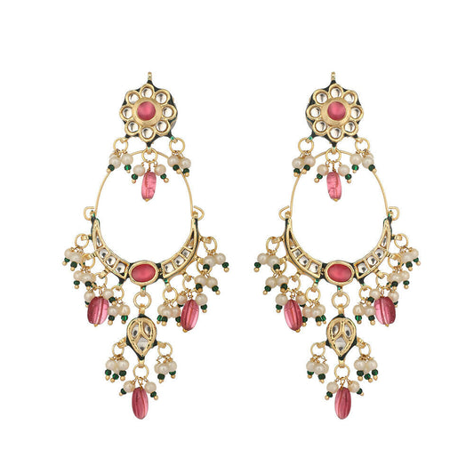 Nuyug 22K Gold Plated Crescent Kundan Drop Pink Stone Chandbali Earrings | Swadesiicart