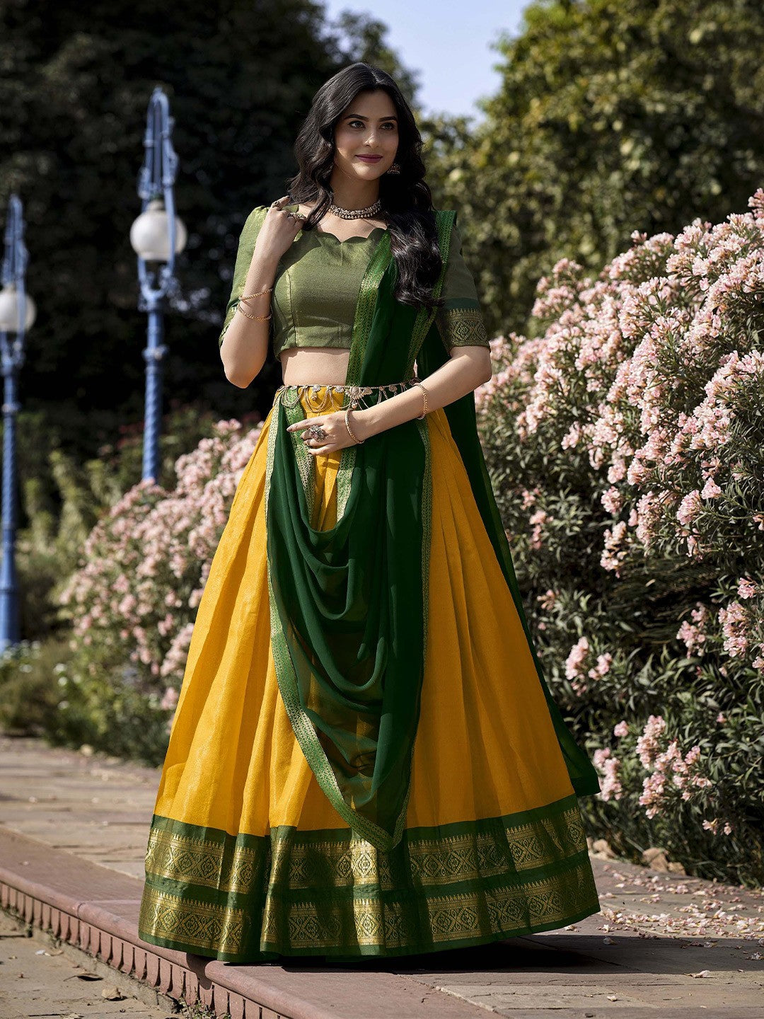 Lorenvalley Yellow Kanchipuram Zari Weaving Work Lehenga Choli with Dupatta | Swadesiicart