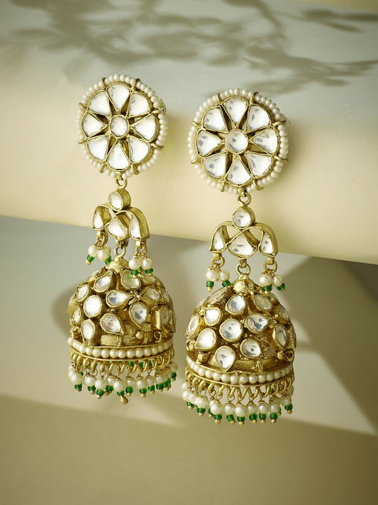 Nuyug 22K Gold-Plated Kundan Stone Studded & Pearl Beaded Dome Shaped Jhumkas | Swadesiicart